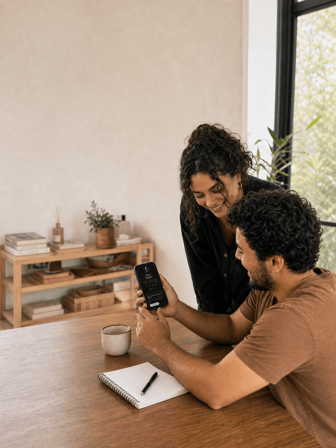 Dois profissionais visualizando juntos uma página LinkMídia no celular